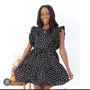 The Impeccable Pig Women Dress Ruffle Mini Polka Dot Black White Pockets Medium